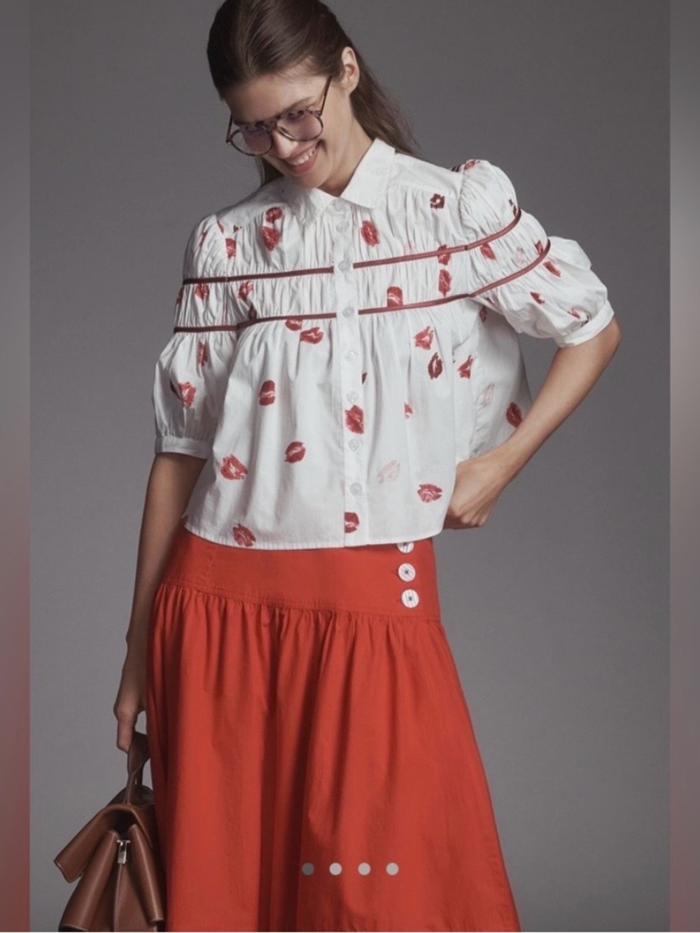 Anthropologie Maeve White Blouse with Red Lip Print